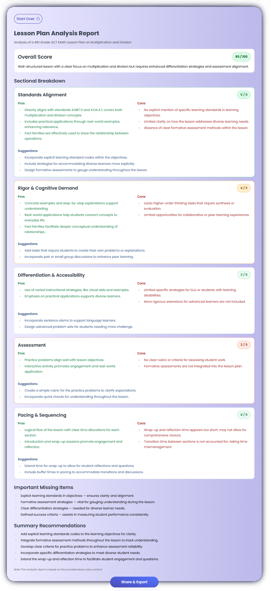 Example output of the Lesson Plan Checker